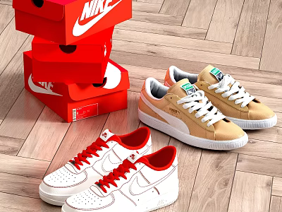 White And Beige Sneakers With Red White Laces Next To Stacked Nike Boxes 3d model