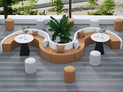 Modern Curved Sofa and Coffee Table Set with Round Stools and Green Plant 3d model