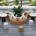 Modern Curved Sofa and Coffee Table Set with Round Stools and Green Plant