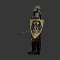 Man wearing medieval armor holding mace and yellow shield with black emblem