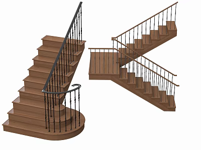 Wooden Staircase Designs With Black Metal Railings And Multiple Structural Styles 3d model