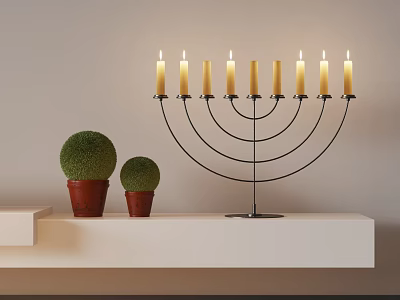 Elegant Candelabra With Lit Candles And Green Spherical Plants On White Shelf 3d model