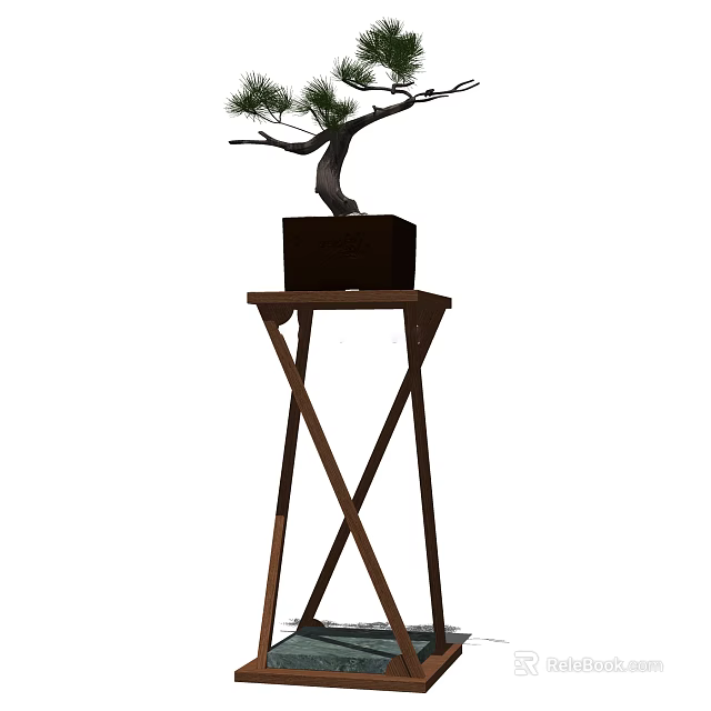 Indoor Decorative Bonsai Plant with Curved Trunk in Wooden Pot on Cross Legged Stand 3d model 