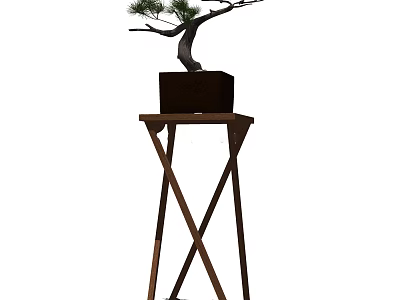 Indoor Decorative Bonsai Plant with Curved Trunk in Wooden Pot on Cross Legged Stand 3d model