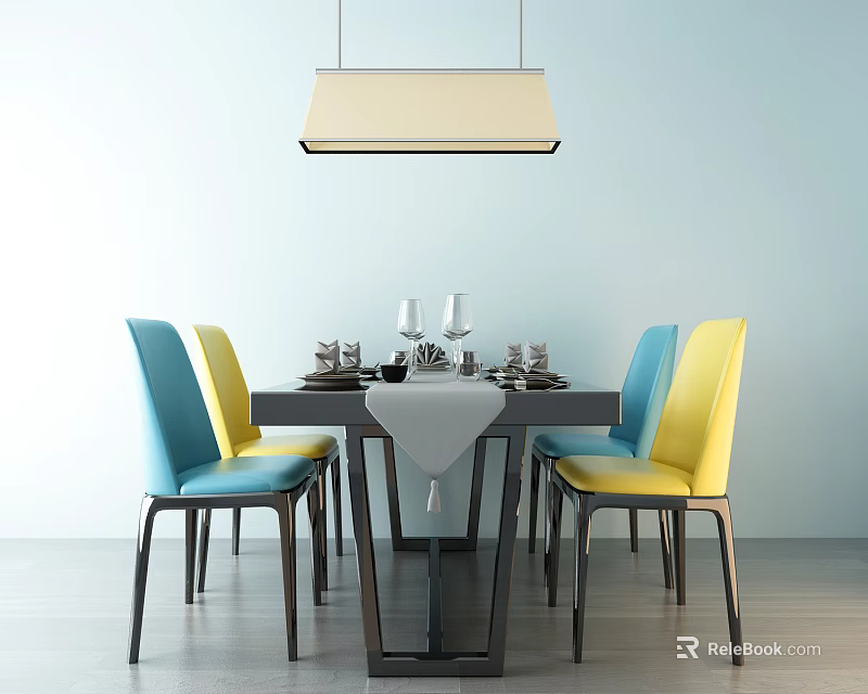 Modern Dark Dining Table Set With Blue Yellow Chairs Tableware And Pendant Light 3d model