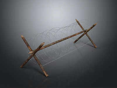 Outdoor Sturdy Barbed Wire Fence With Crossed Wooden Frame Supports 3d model
