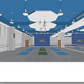 Fitness Studio Interior With Blue Ceiling Pendant Lights Hexagonal Decor Mirrors And Yoga Mats