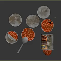 Open Metal Cans With Spilled Red Beans And Silver Spoon On Black Surface