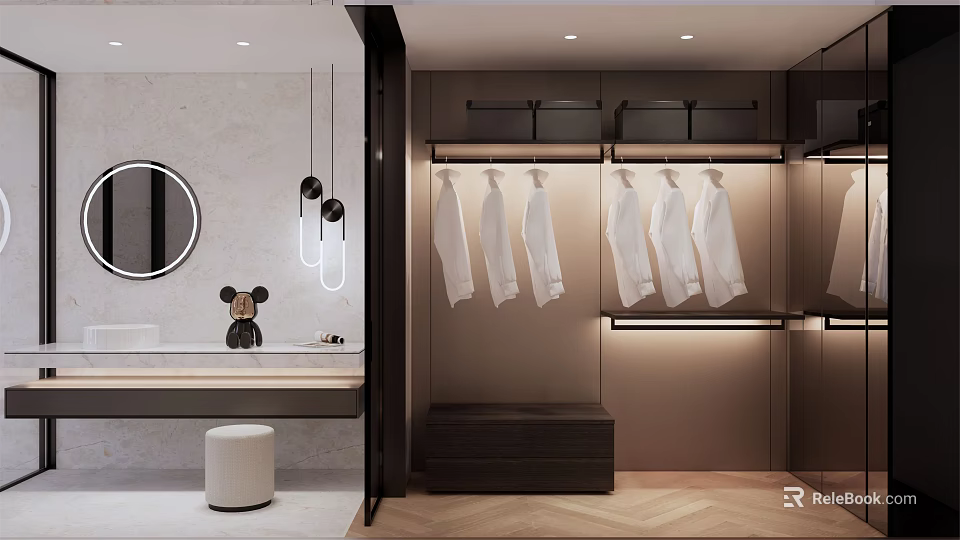 Modern Walk-in Closet Interior Design With Open Hanging Space And Storage Units 3d model 