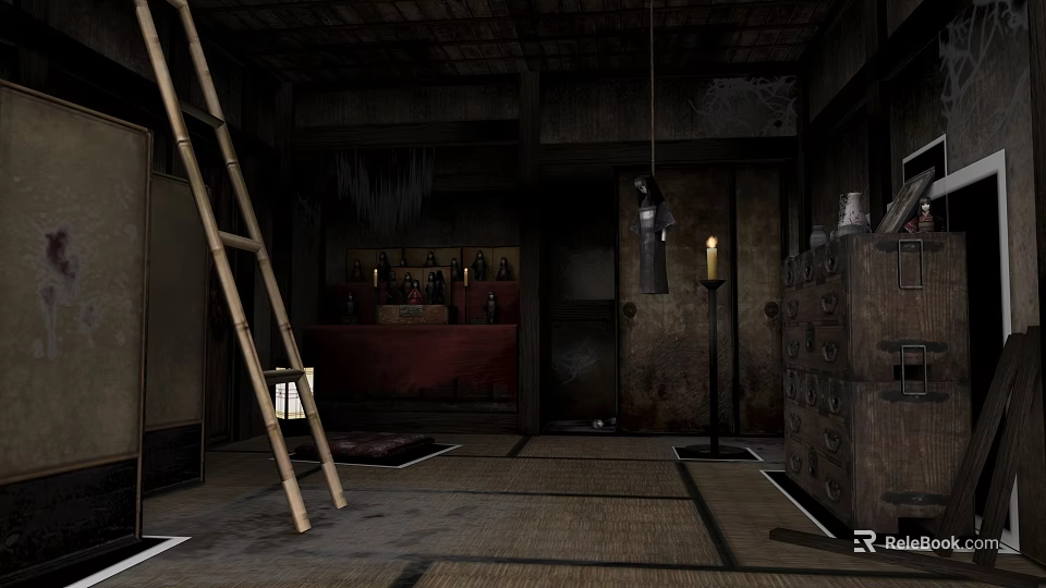 Traditional Old Style Furniture Showroom With Wooden Ladder Red Cabinet Lantern And Tatami Flooring 3d model 