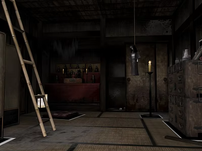 Traditional Old Style Furniture Showroom With Wooden Ladder Red Cabinet Lantern And Tatami Flooring 3d model