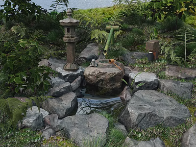 Traditional Japanese Garden Scene With Stone Lantern Flowing Water Rocks And Green Plants 3d model