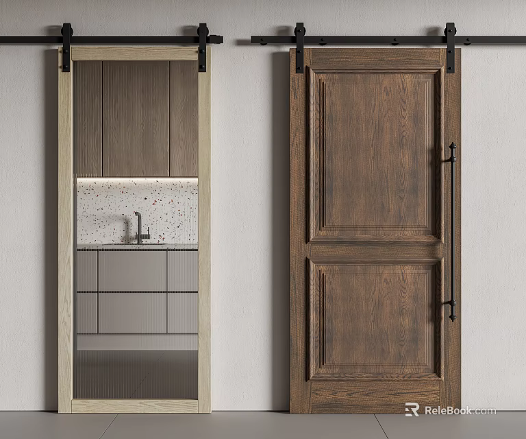 Modern Kitchen Interior Design With Glass And Wooden Sliding Doors 3d model 