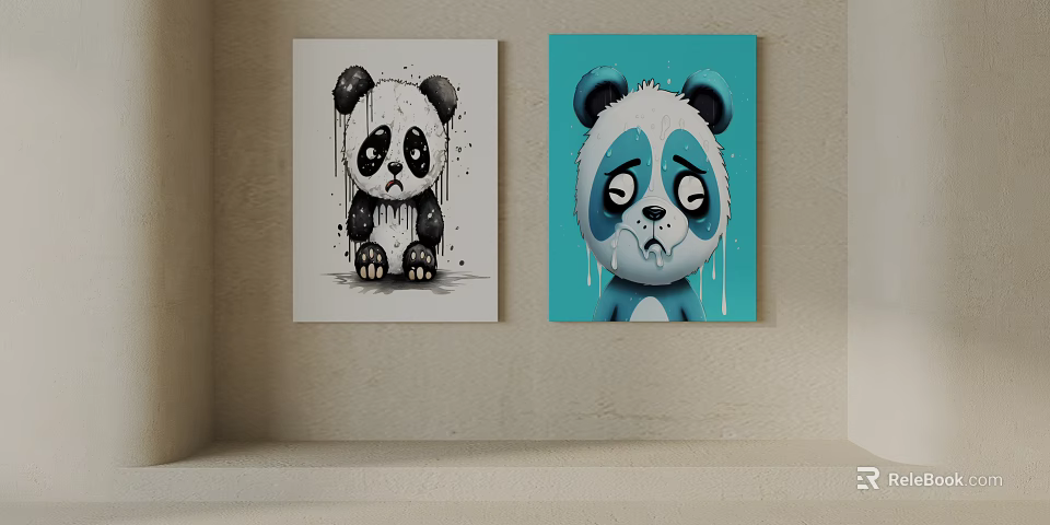 Crying Panda Animal Paintings With Teardrops On Black White And Blue Backgrounds 3d model 