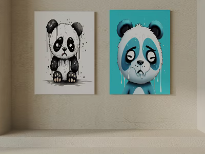 Crying Panda Animal Paintings With Teardrops On Black White And Blue Backgrounds 3d model