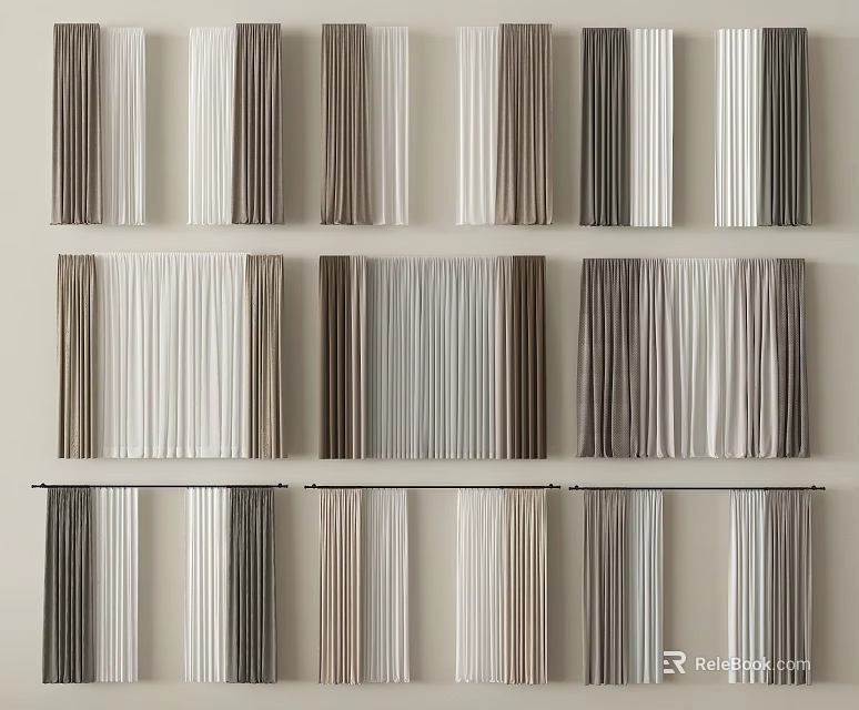 Elegant Window Curtains With Neutral Brown White Gray Fabric Panels For Modern Home Decor 3d model 
