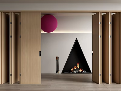 Open Wooden Folding Doors In Modern Interior With Black Triangle Fireplace Flames And Pink Ball 3d model