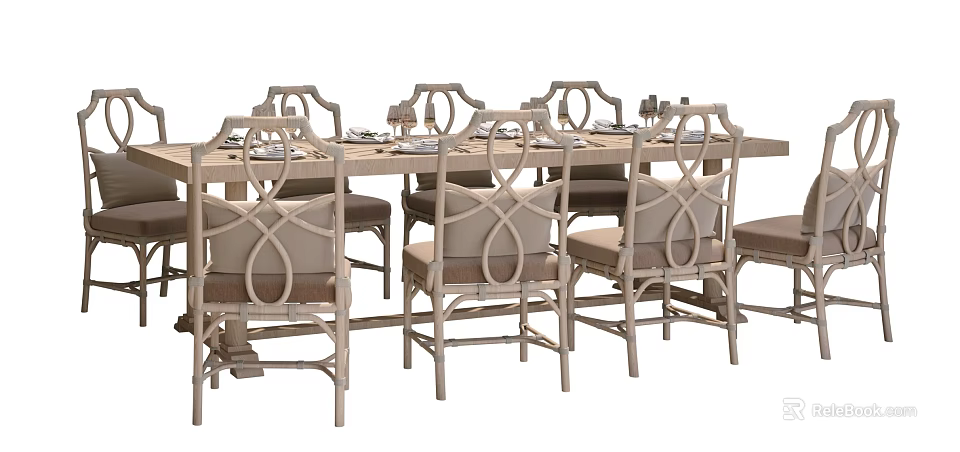 Outdoor Patio Table With Rattan Back Chairs And Wooden Frame For Garden Setting 3d model 