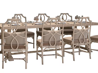 Outdoor Patio Table With Rattan Back Chairs And Wooden Frame For Garden Setting 3d model