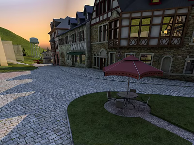 Aerial Planning of European Style Town with Cobblestone Street Lawn and Red Umbrella Seating 3d model