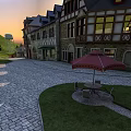 Aerial Planning of European Style Town with Cobblestone Street Lawn and Red Umbrella Seating