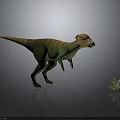 Green And Brown Dinosaur With Orange Back Prominent Head Small Fern Plant Gray Background