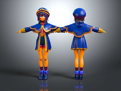 3D Character Model With Blue Cloak Yellow Trim Hat Front And Back Views 3d model