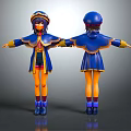 3D Character Model With Blue Cloak Yellow Trim Hat Front And Back Views 3d model