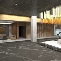 Luxurious Modern Hotel Lobby with Golden Chandelier Marble Reception Desk Elegant Columns and Artistic Sculpture