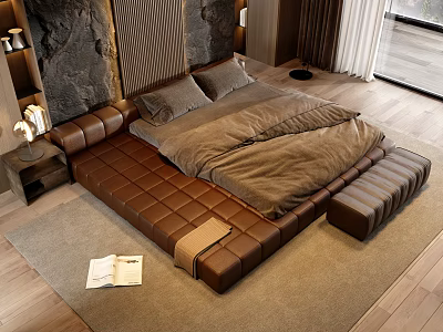 Brown Leather Double Bed With Square Design Padded Headboard And Footstool On Wooden Floor 3d model