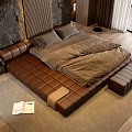 Brown Leather Double Bed With Square Design Padded Headboard And Footstool On Wooden Floor
