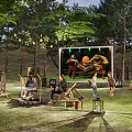Scenic Campsite Featuring Tent Trees Campfire String Lights And People Enjoying Outdoor Evening