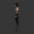 Action Ready Woman In Gray Tank Top Black Arm Guards And Dark Cargo Pants