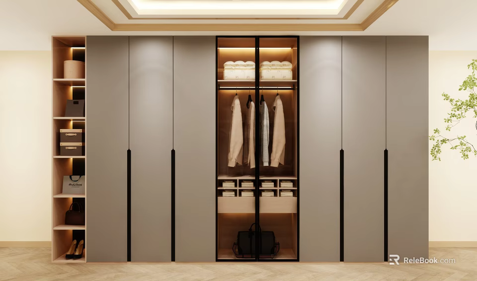 Modern Wardrobe With Glass Doors Hanging Clothes And Storage Drawers 3d model 