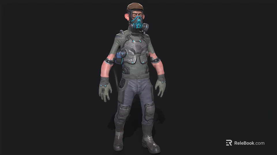Tactical Character In Protective Suit With Gas Mask And Armored Gear Equipment 3d model 