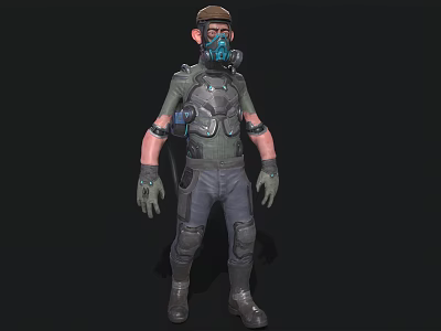 Tactical Character In Protective Suit With Gas Mask And Armored Gear Equipment 3d model