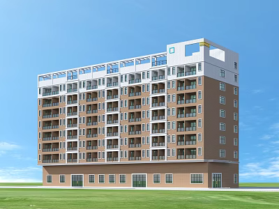 Multi Storey Residential Building With Brown White Exterior Balconies Windows Green Lawn Blue Sky 3d model
