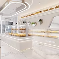 Modern Dessert Shop Interior With White Tables Displays And Greenery
