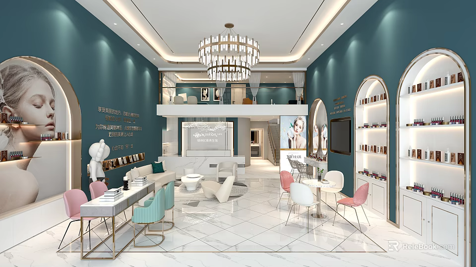 Modern Beauty Hair Salon Interior With Teal Walls Chandelier And White Marble Floor 3d model 