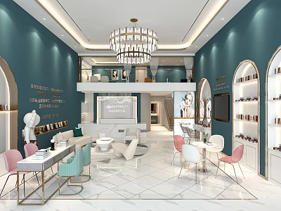 Modern Beauty Hair Salon Interior With Teal Walls Chandelier And White Marble Floor 3d model