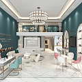 Modern Beauty Hair Salon Interior With Teal Walls Chandelier And White Marble Floor
