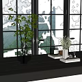 Green Foliage In Glass And White Vases On Wooden Tabletop By Window With Mountain View