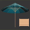 Modern Wooden Outdoor Lounge Chair with Blue and White Striped Umbrella and Reflective Surface