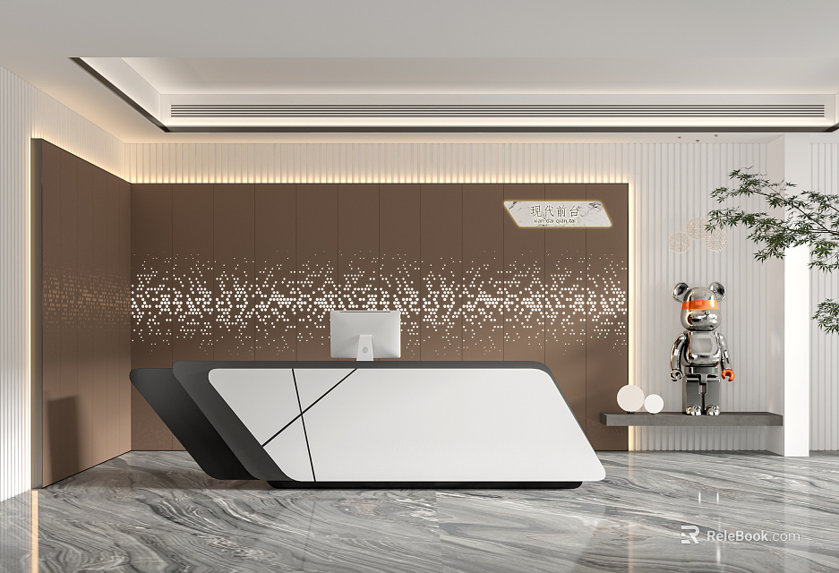 Modern Reception Desk Interior With Marble Floor Sparkling Wall And Robot Decorations 3d model 