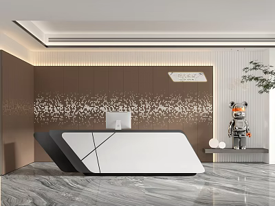 Modern Reception Desk Interior With Marble Floor Sparkling Wall And Robot Decorations 3d model