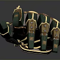 Character's Steampunk Mechanical Hand With Gold Accents Green Components And Gears