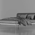 Modern Double Bed with Metal Frame Light Headboard Light Sheets Black Pillows and Blanket