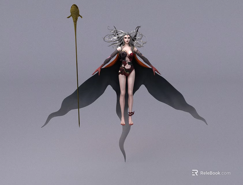 Elegant Fantasy Woman With Long White Hair Red Black Outfit Black Wings And Golden Staff 3d model 