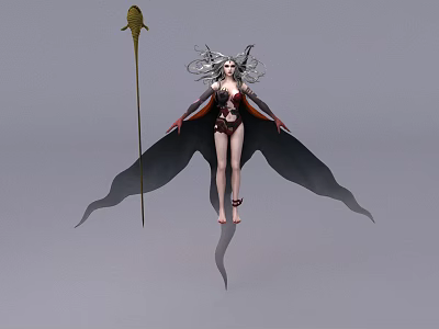 Elegant Fantasy Woman With Long White Hair Red Black Outfit Black Wings And Golden Staff 3d model
