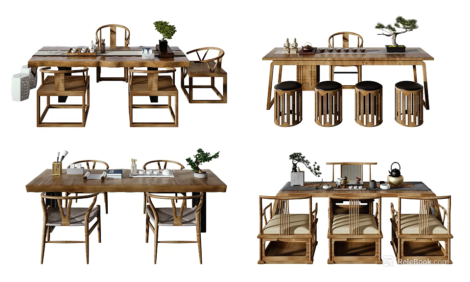 Chinese Style Wooden Tea Table And Chairs With Tea Utensils And Potted Plants 3d model 